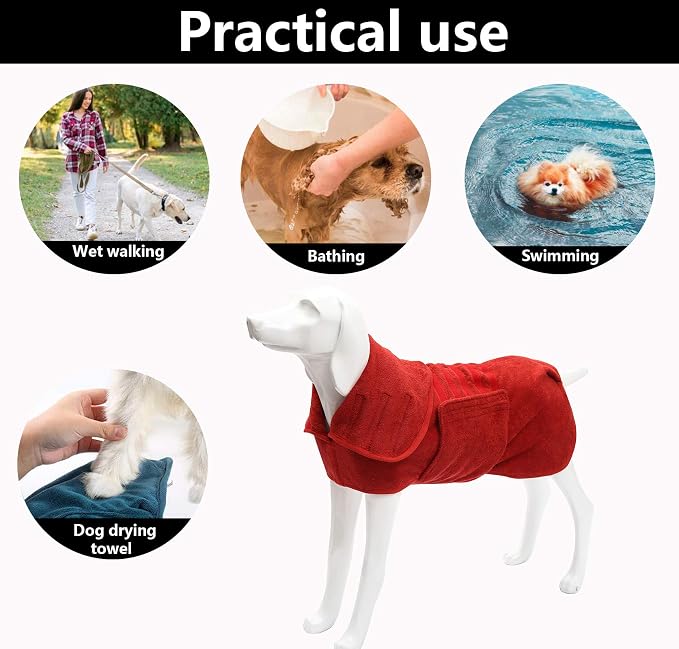 Geyecete Dog Drying Coat - Dog Bathrobe Towel - Microfibre Fast Drying Super Absorbent Pet Cat Bath Robe Towel - Red-S