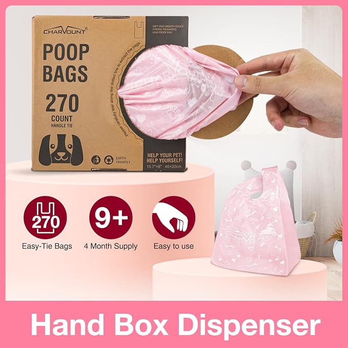 Charmount 270 Counts Unscented Dog Poop Bags Rolls with Handles, 16"x8"Extra Thick Pet Waste Bag, Leak Proof and Easy Tie, Cat Litter Bags, Pink