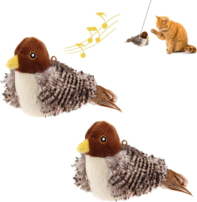 Gigwi Chirping Bird Cat Toys 2 Pack, Automatic Squeaky Toy for Cats | Interactive Cat Toys, Stimulate Hunting Instinct, Relieve Puppy Boredom, Touch Activated, Soft Plush, Safe Indoor Play