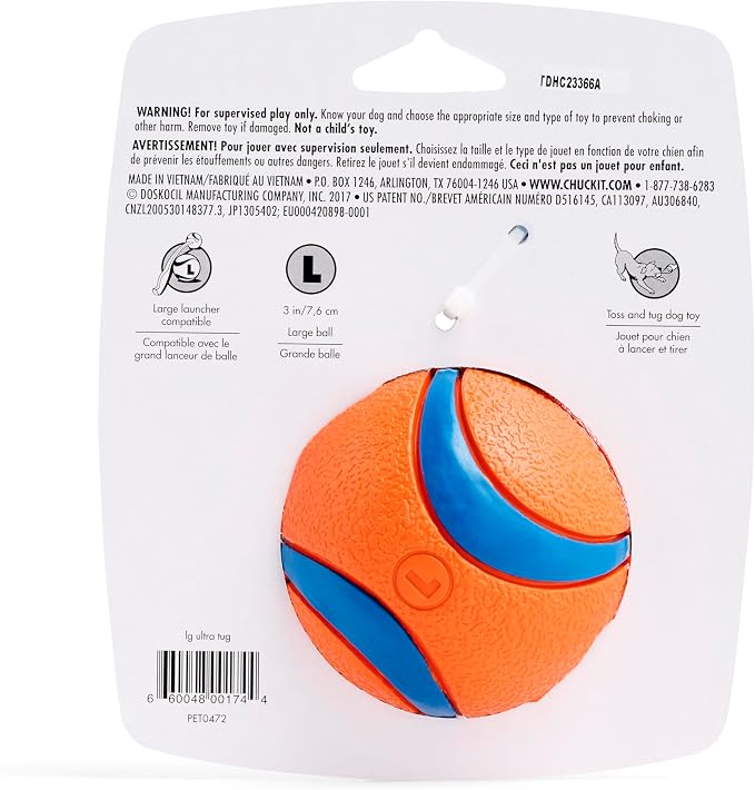 Chuckit! Ultra Tug Dog Toy, Durable Nylon Cord Handle, Large 3-in | Ultra Ball on a Tug-of-War Handle Offers Fetch and Tug Play for Large Breeds 60-100 lbs in Orange and Blue
