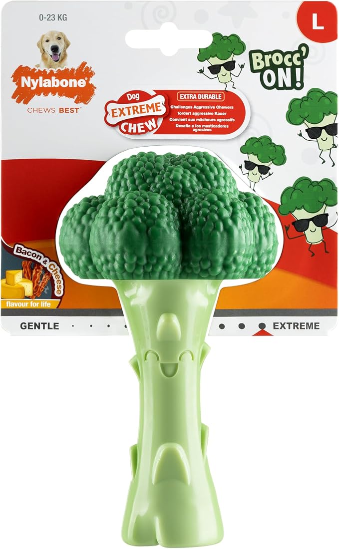 Nylabone, Extremely Strong Chewing Effect, Novelty Broccoli Chew Toy, Durable Chew Toy with Bacon and Cheese Flavour, Large, for Dogs up to 23 kg