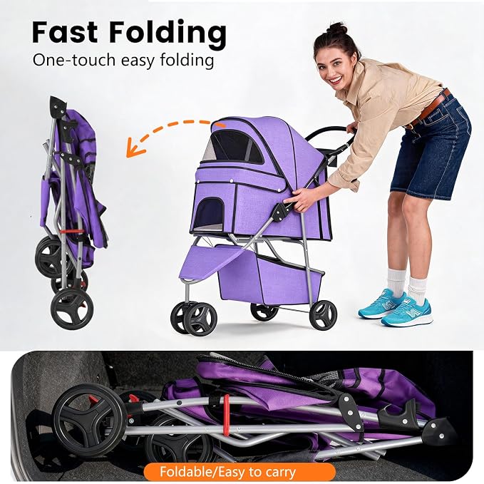 BestPet 3-Wheel Pet Stroller - Purple, Breathable Mesh