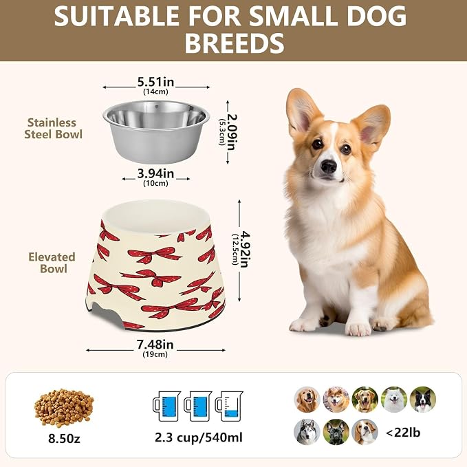 Blueangle Elevated Dog Bowls with Stainless Steel - Non-Slip 2.3 Cup High Capacity Pet Dish for Spinal Health & Red Bows Design（307）