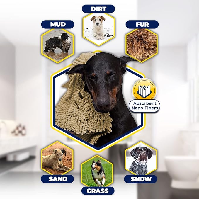 Muddy Mat® Doggy Dryer, Highly Absorbent Microfiber Washable Dog Shammy, Quick Drying Towel Absorber, Extra Soft Plush Wrap Chenille Bath Towels to Dry Soggy Large Pets & Small Puppy - Beige