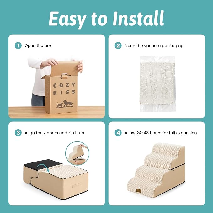 COZY KISS Detachable Dog Stairs for Small Dog 19.7" H, Pet Step for Bed | Curved Stable Pet Ramp for Puppy, Older Cat, Senior, Medium, Short-Legged Dog, 4 Step Non-Slip Ladder, Beige