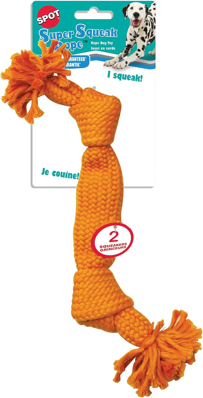 SPOT Super Squeak Rope - Woven Rope with Two Squeakers, Makes Noise When Pulled, Great Toy for Fetch and Tug, for Medium to Large Breed Dogs and Puppies - 14in, 1Pc, Assorted Colors