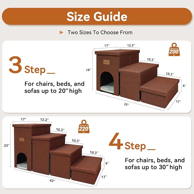Zerbuger Dog Stairs with Condo 23" H, 4-Step Wider Dog Steps for High Beds Window, Folding Storage Pet Stairs Gift for Small/Medium/Large Old Dogs Cats, Ramp for Climbing Car Hold Up to 200 lbs, Brown