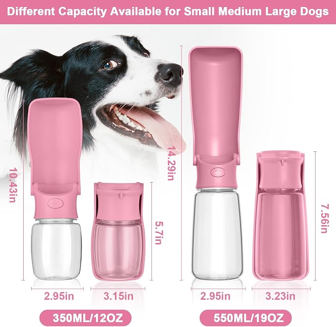 Portable Dog Water Bottle, Foldable, 19oz, Pink