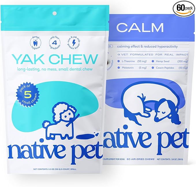 Native Pet Dog Calming Chews (60 Count) & Yak Chews for Dogs (5 Small, Melatonin, 60-Pack, 60 Count