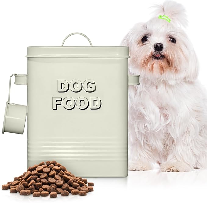 Plexon Metal Dog Food Storage Container with Scoop, 1.5 Gallon, 7 lbs, Off-White