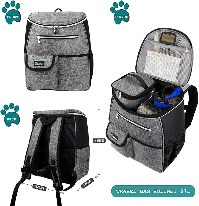 PetAmi Dog Travel Bag Backpack, Airline Approved, with Food Container & Bowls, Gray