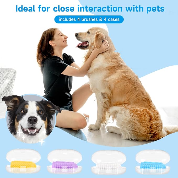 babove Dog Toothbrush 4-Pack - Non-Slip Dog Finger Toothbrush with 3-Clasp Lock for Secure Fit - Soft Silicone Pet Teeth Cleaning Kit with Independent Storage Cases for Small Medium Dogs & Puppies