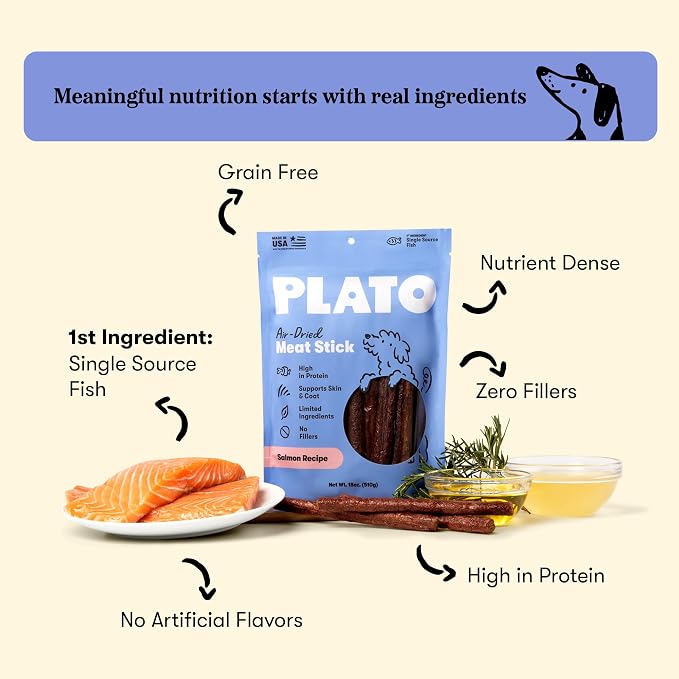 Plato Meat Sticks Salmon Dog Treats, Air-Dried High-Protein Soft Chews with Omega Fish Oil (EPA & DHA), 18 oz