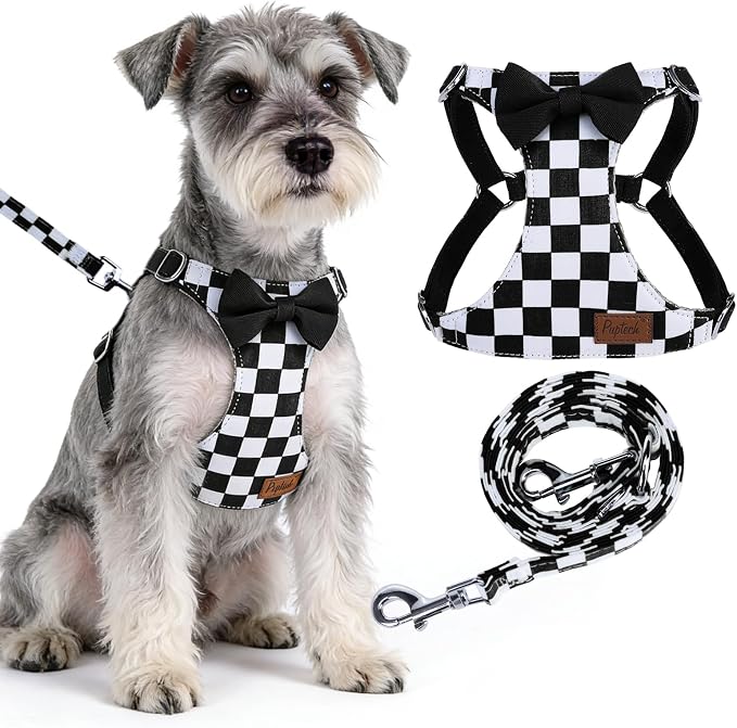 PUPTECK Dog Harness and Leash Set Small Sized, Lightweight Step-in Puppy Harness, Escape Proof No Pull Cute Pet Vest Harnesses, Black&White Checkered S