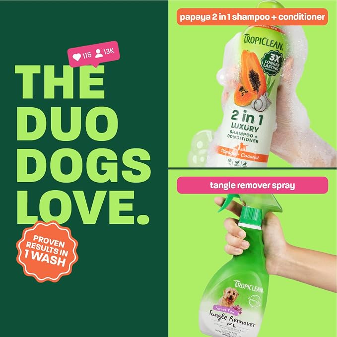 TropiClean Dog Shampoo and Conditioner & Dog Detangler Spray, Set of 2