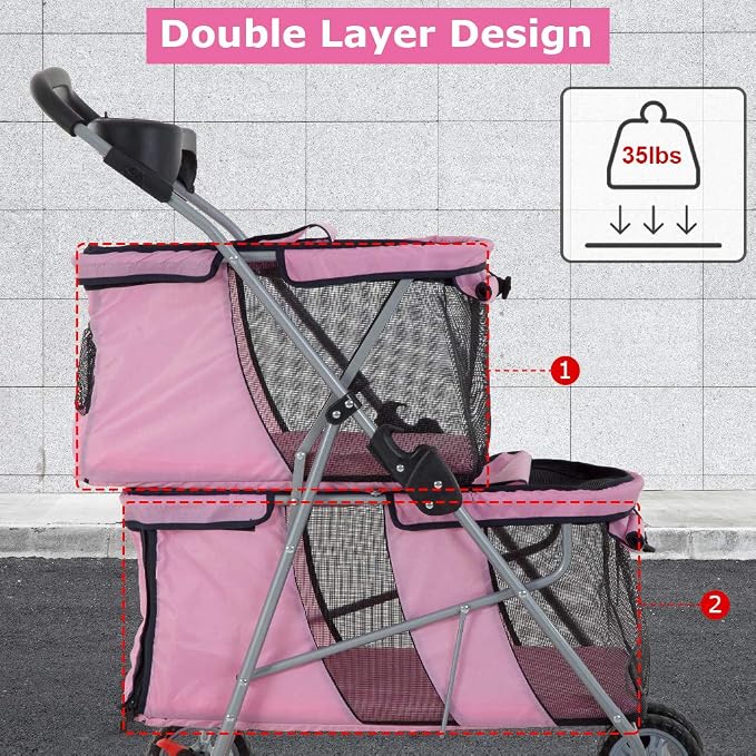 4-Wheel Folding Pet Stroller Carrier - Pink