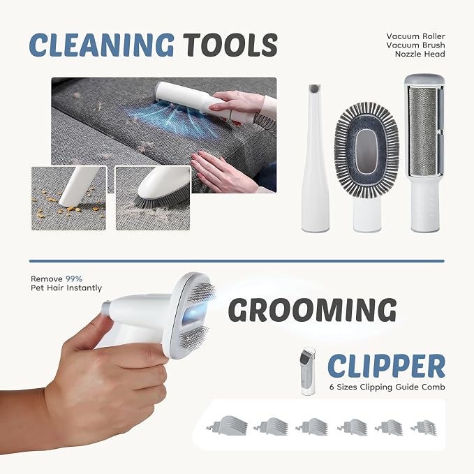DUMOS Pet Grooming Vacuum Kit, 3 Adjustable Suction Modes, 2.5L | Dog Hair Clipper, 5 Professional Grooming Tools with Low Noise Cat Hair Clippers, Ivory