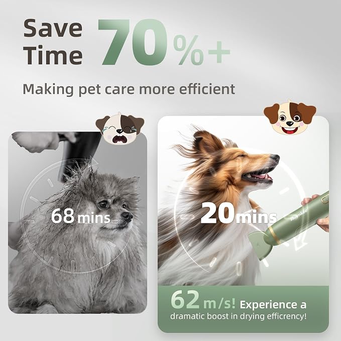 buenkee Dog Blow Dryer for Pet Grooming Handheld Lightweight Dog Cat Hair Dryer 3 Speeds 4 Temp, Portable 3HP High Velocity Pet Blower Quiet Dryer for Travel Campaign Home, with 3 Nozzles, Green