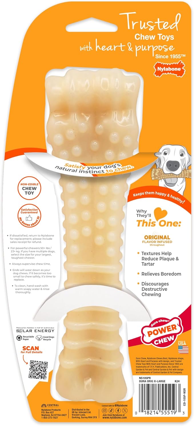 Nylabone Power Chew Textured Bone Dog Chew Toy, Original Flavor, X-Large | Durable dog toys, long lasting, discourages destructive chewing, teeth-cleaning textures, flavor throughout, for dogs 50+ lbs
