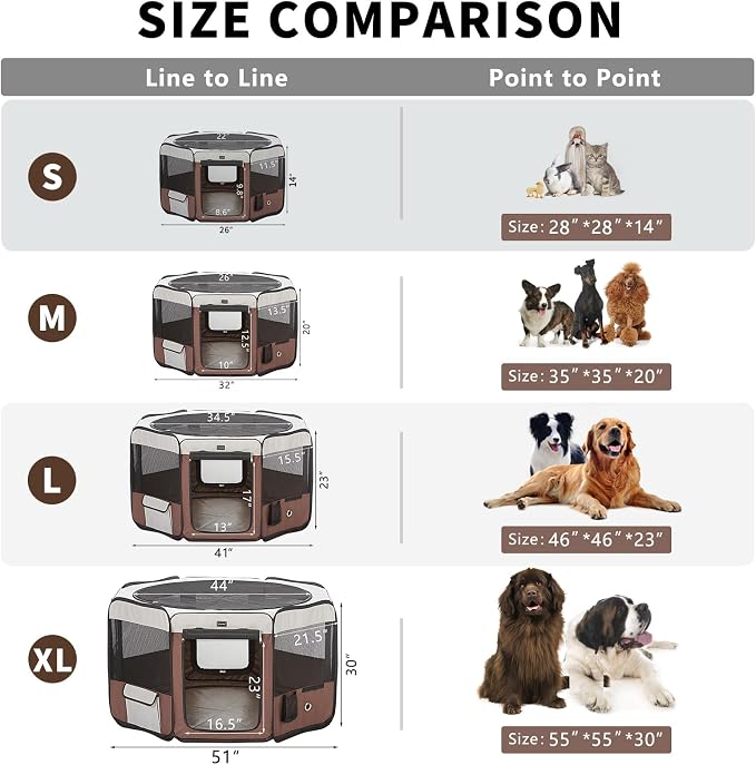 DONORO Dog Playpen Portable Pet Play Pens for Small Dog/Cat/Rabbit/Chicks, Cat Playpen Indoor/Outdoor with Carring Case, Removable Zipper Top and Bottom (Brown, Small (28"x28"x14"), 8)