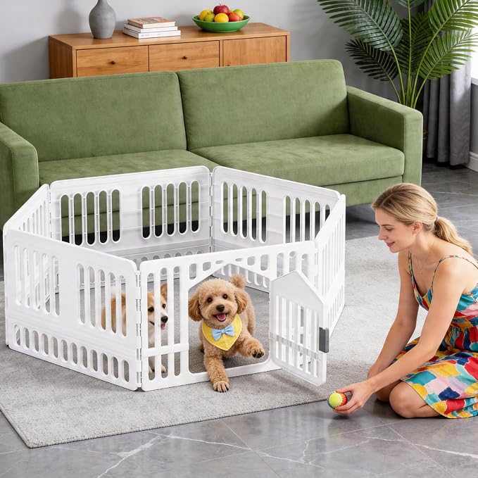 BestPet 24 Inch Dog Playpen, 6-Panel Plastic Pet Playpen with Door, Indoor Puppy Exercise Pen, Large Space Dog Fence for Small Medium Dogs, No Assembly Required, White