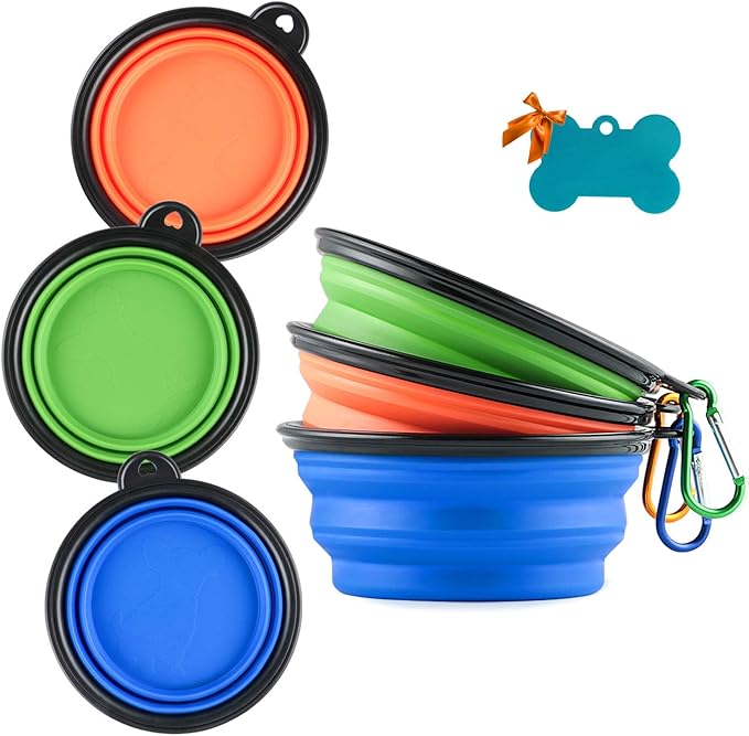 3 Collapsible Silicone Dog Bowls with Pet ID Tag