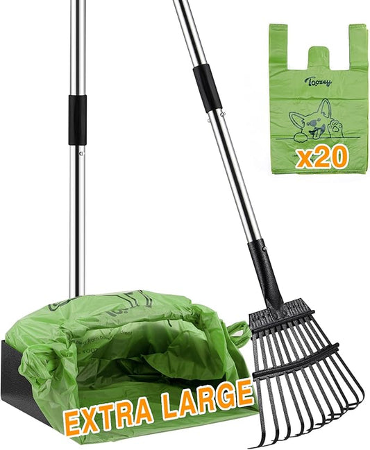 Toozey Dog Pooper Scooper for Large Dogs — Long Handle Poop Scooper for Yard Use, Extra Large Metal Tray & Bag Holder | Easy Cleanup for All Dog Sizes with 20 Bags