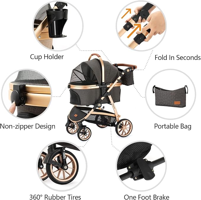 Kenyone 3-in-1 Pet Stroller - Dark Gray (C510L), Detachable Carrier