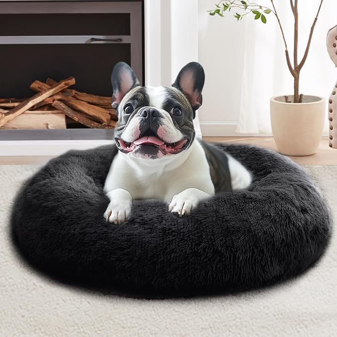 JOLLYVOGUE 23" Calming Donut Dog & Cat Bed, Black