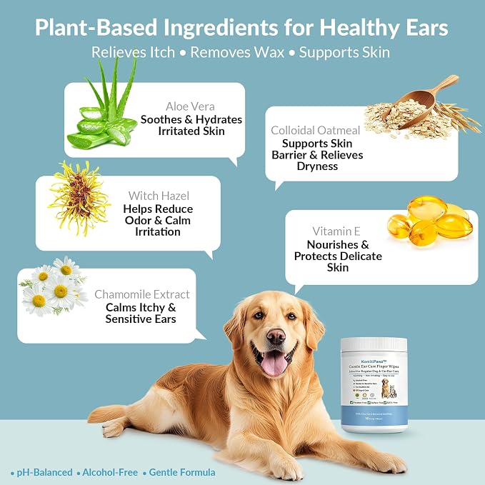 Dog Ear Finger Wipes with Aloe Vera & Witch Hazel, 50 Count