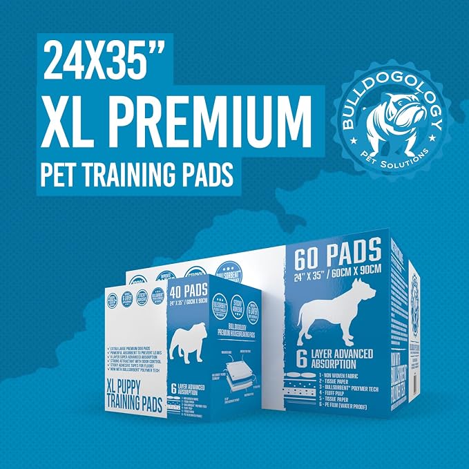 Bulldogology Puppy Pee Pads XL with Adhesive Sticky Tape - Extra Large Dog Training Wee Pads (24x35) 6 Layers with Extra Quick Dry Bullsorbent Polymer Tech (60-Count, White)