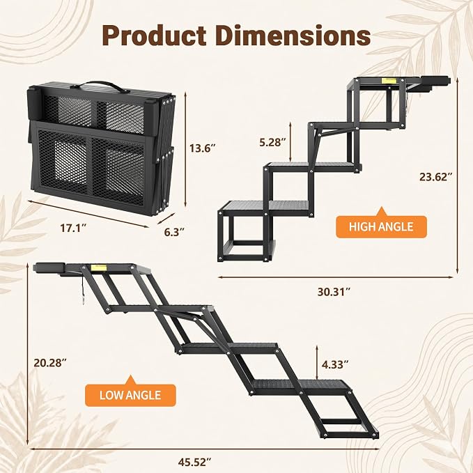 4-Step Dog Stairs for Car, 17” Wide Adjustable Pet Steps for SUV & Truck, Foldable Dog Ramp Ladder for Small, Medium & Large Dogs