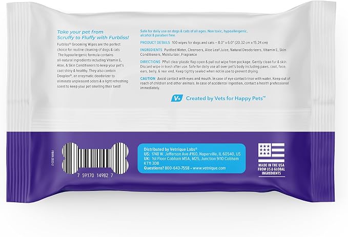 Vetnique Furbliss Hygienic Dog Grooming Wipes, Refreshing Scent, 100 Count