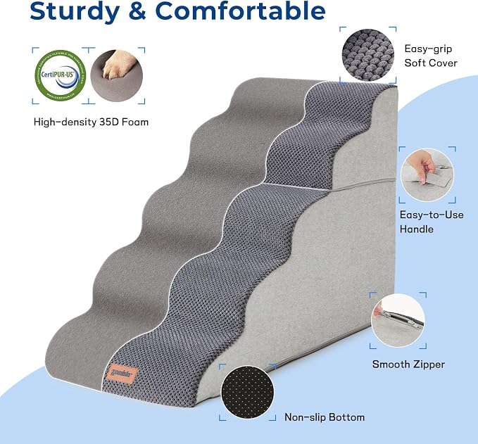 ZOMISIA Dog Stairs Ramp for High Beds Up to 25" - 5 Step Pet Stairs for Small to Large Dogs, 35D Foam Dog Steps for Couch with Non-Slip Bottom Grey