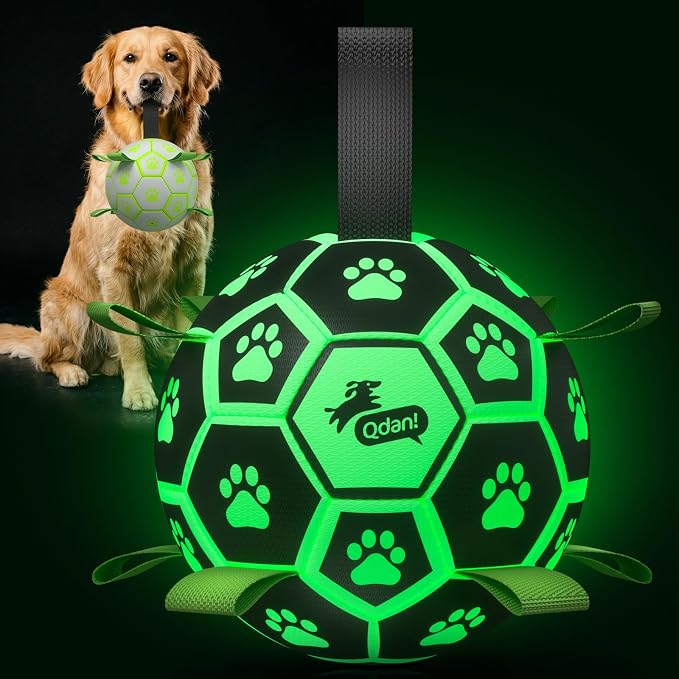 QDAN Glow in The Dark Dog Toys, Dog Soccer Ball with Straps, Night Play Fun | Light Up Dog Balls for Large Dogs, Interactive Training Dog Tug Toys for Tug of War, 8 Inch, 30-90 lbs Puppy Ball, Dog Gifts