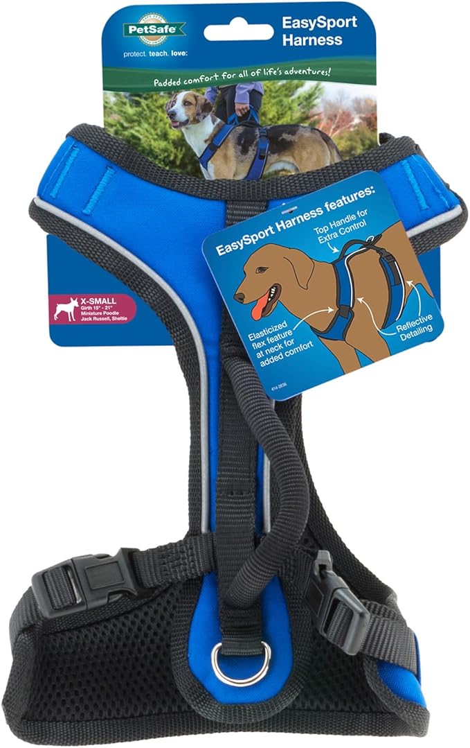 PetSafe EasySport Dog Harness, Blue, Extra Small | Padded, Elastic Neckline Harness for Active Dogs, Reflective Piping for Visibility, Top Control Handle, Rear Leash Clip