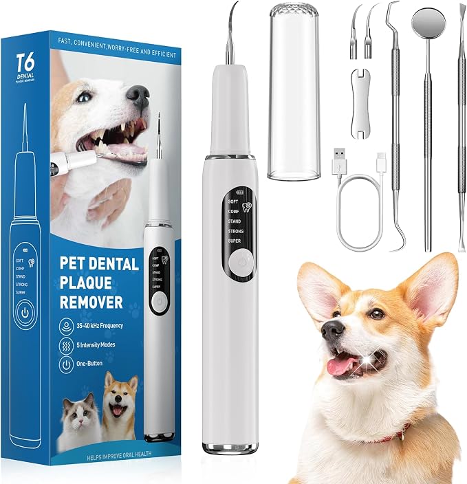 RINLAIN Dog Plaque Remover Tool, Pet Teeth Cleaner with LED Light & 5 Modes, Ultrasonic Dog Dental Cleaning Kit, IPX6 Waterproof, Pet Teeth Cleaning Tools for Tartar & Stains