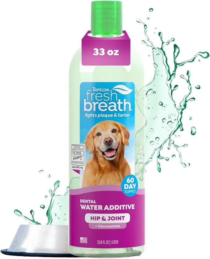 TropiClean Fresh Breath Water Additive for Hip & Joint Support, 33.8oz | with Glucosamine | Freshens Breath & Cleans Teeth | No Toothpaste or Toothbrush Required