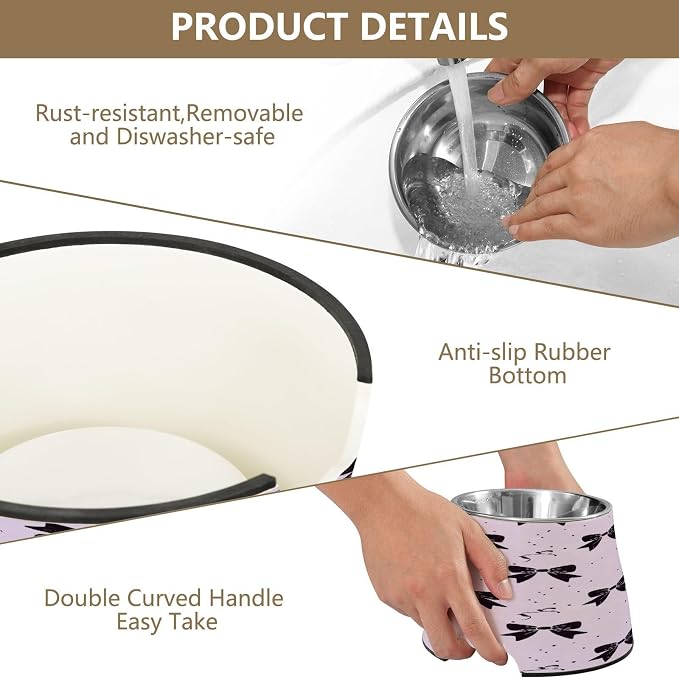 Blueangle Elevated Dog Bowls with Stainless Steel - Non-Slip 2.3 Cup High Capacity Pet Dish for Spinal Health & Black Bows Design（284）
