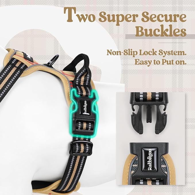 rabbitgoo Dog Harness, No Pull for Small Dogs with 2 Leash Clips, Pet Vest | No Choke with Handle, Adjustable Soft Padded, Reflective, Easy Control for Walking, Beige Plaid, Small