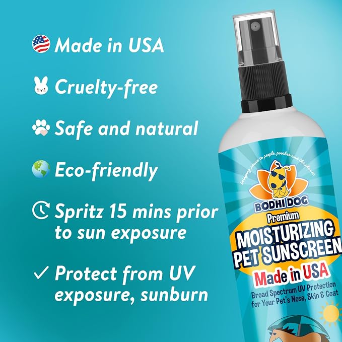 Bodhi Dog Sunscreen SPF 30+ Moisturizing Pet Sun Spray - Safe for Dogs, Cats & Horses - Natural Protection for Skin, Coat, Nose, Ears - Made in USA (8 Fl Oz)