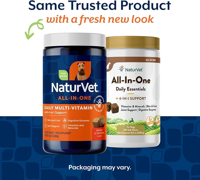 NaturVet All-in-One Dog Supplement - for Joint Support, Digestion, Skin, Coat Care – Dog Multivitamins with Minerals, Omega-3, 6, 9 – Wheat-Free Vitamins for Dogs – 120 Soft Chews (Pack of 2)