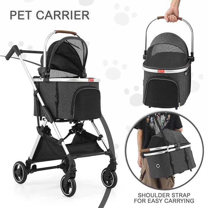 MoNiBloom Folding Jogger Pet Stroller - Dark Gray, Detachable Carrier