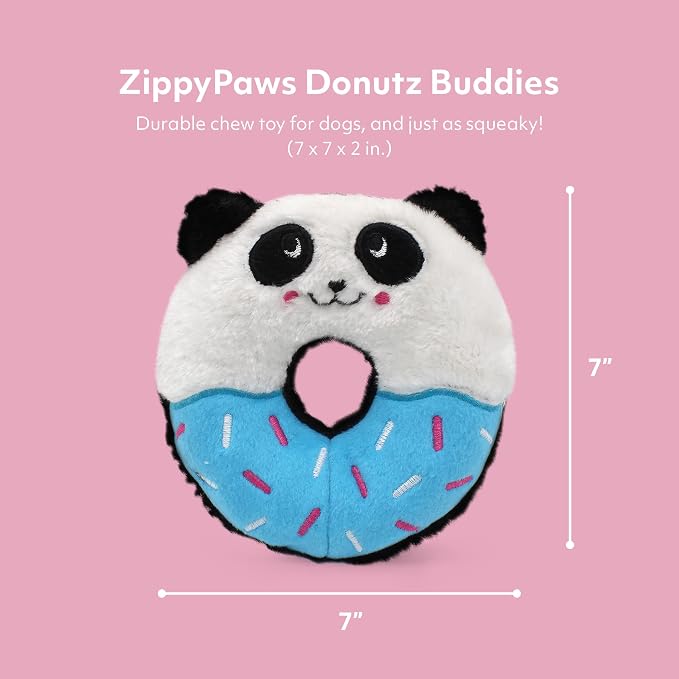 ZippyPaws Donutz Buddies Interactive Pet Toys, No Stuffing Dog Toys - Panda | Durable Squeaky Dog Toys, Chew Toy For Big and Small Dogs, Contains 2 Crescent Squeakers, Ideal for Aggressive Chewers