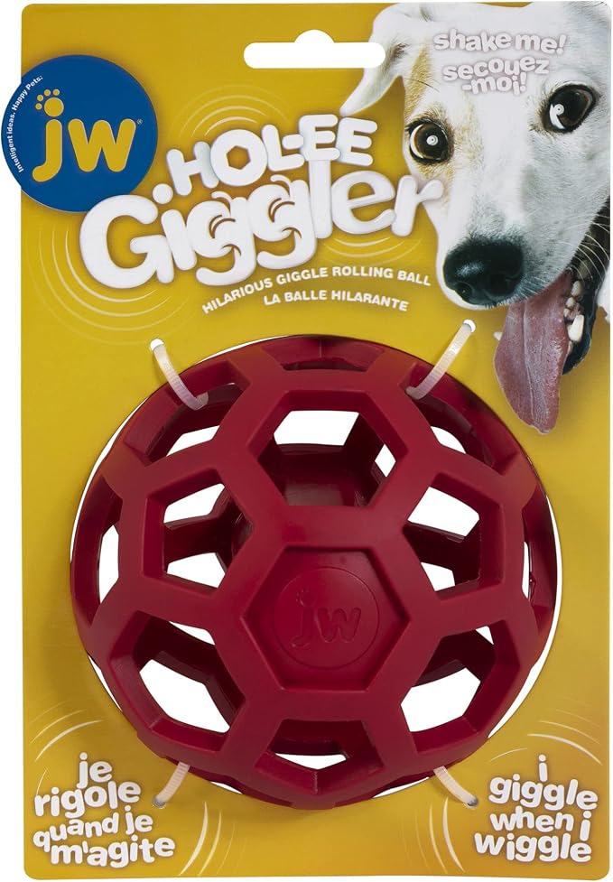 JW Pet HOL-ee Giggler Dog Puzzle Ball, Medium 4.5in, Natural Rubber, Red | 4.5 In Diameter
