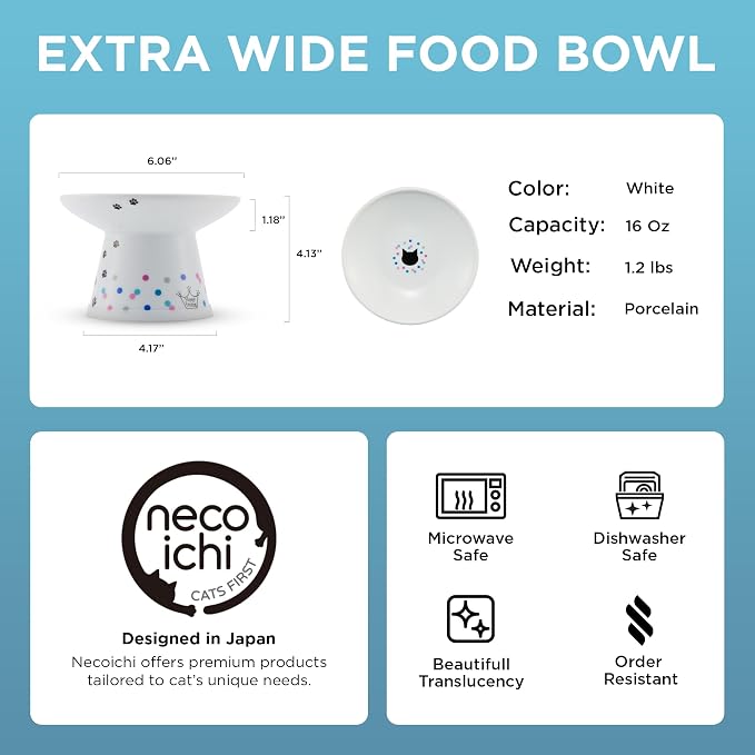 Necoichi Raised Cat Food Bowl Ceramic Elevated Cat Bowl for Whisker & Neck Fatigue, Dishwasher Microwave Safe Non-Slip & Anti Vomiting Ergonomic Design (Colorful Dots, Extra Wide, 2-Cups Capacity)