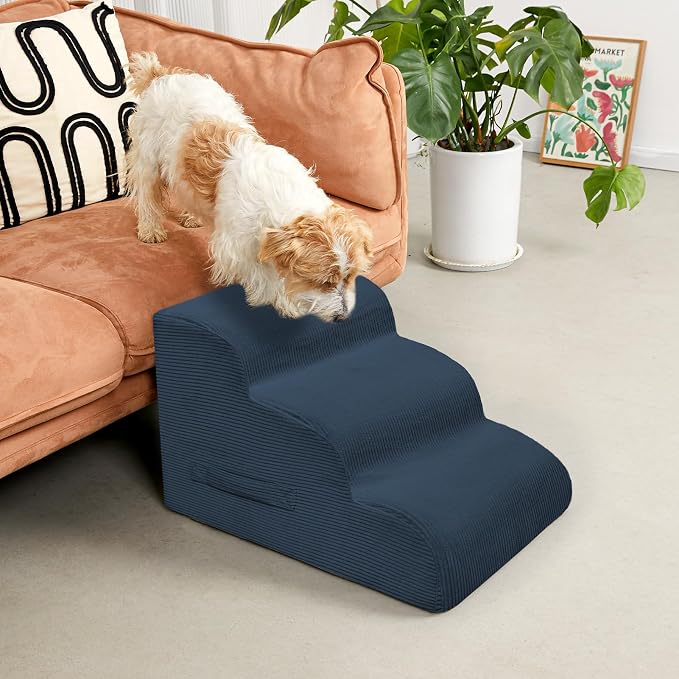 Mesa Lemon Dog Steps for Small Dogs, 4-Step Pet Ramp Stairs for High Beds and Sofa, Non-Slip Pet Stairs for Small Dogs and Cats, Removable and Easy to Clean Cover, Navy
