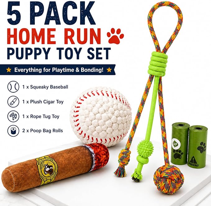 Dog Toys for Small Dogs, 5 Pack Puppy Toys with Squeaky Baseball Toy, Plush Cigar Toy, Rope Tug Toy & Poop Bag Rolls, Interactive Puppy Chew Toys for Teething Puppies, Small Breed Dogs(White)