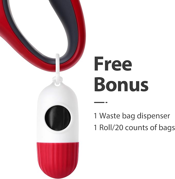 Fida Retractable Dog Leash with Dispenser and Poop Bags, 16 ft Pet Walking Leash for Small Dog or Cat up to 26 lbs, Anti-Slip Handle, Tangle Free, Reflective Nylon Tape (S, Red)