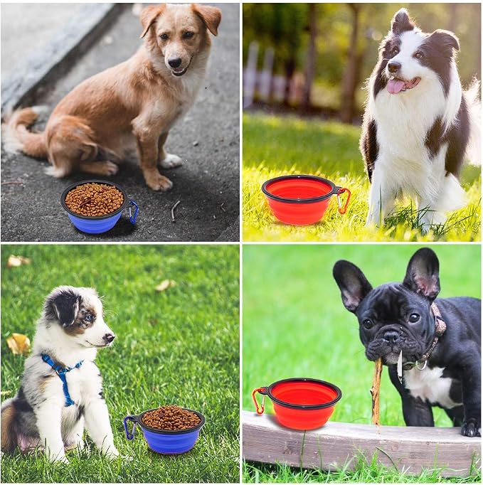 Dog Bowl Collapsible, 2 Pack, with Carabiners, Small, Blue+Red